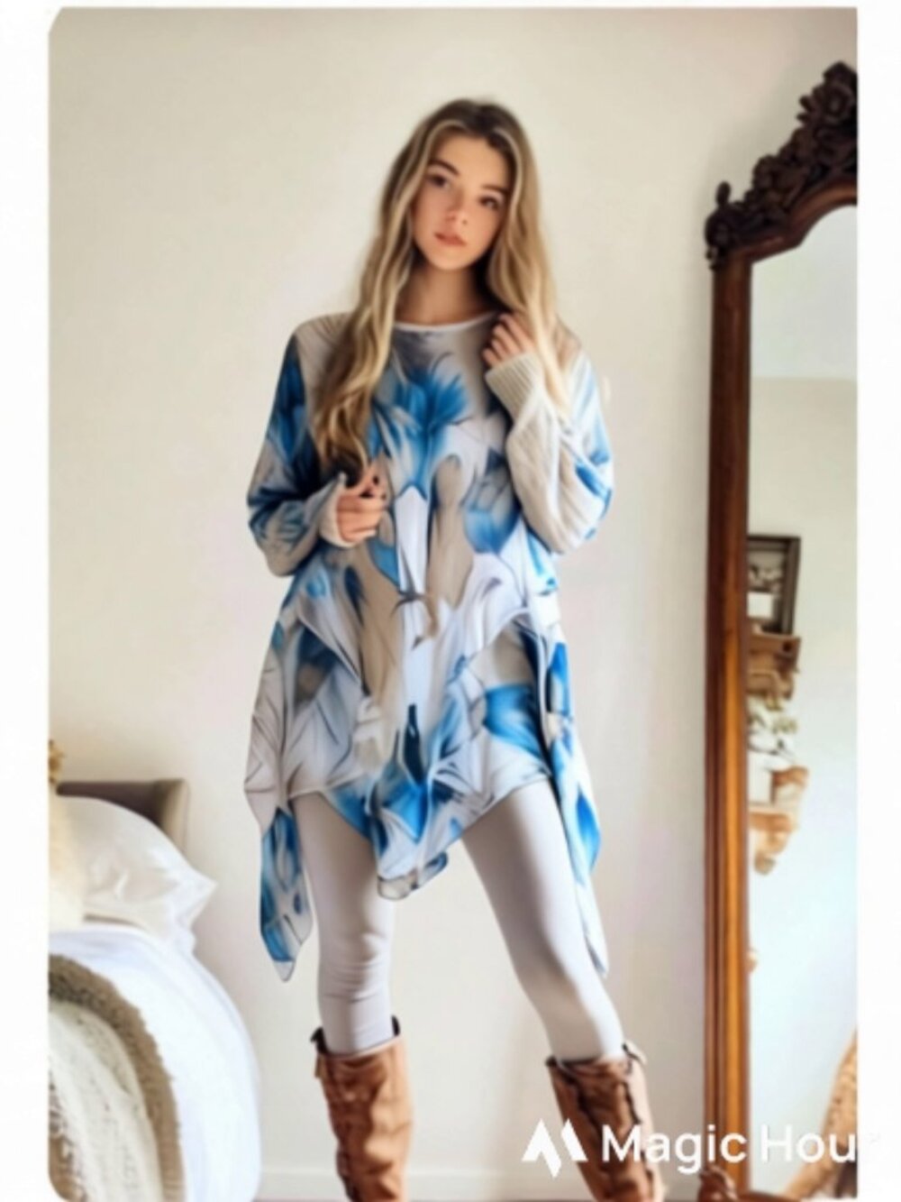 Coco Bella Italy Beige and Turquoise Silk Blend Tunic
